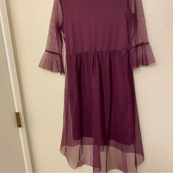 Purple lace floral mesh embroidered formal girls dress long sleeve XL 14-16 - Picture 4 of 10